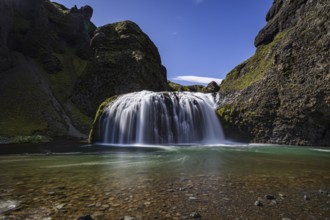 Waterfall, gorge, mountainous, sun, long exposure, river, Stjórnarfoss, Kirkjubaerklaustur,