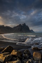 Mountains, mountain range, beach, sea, waves, surf, reflection, clouds, evening light, coast,