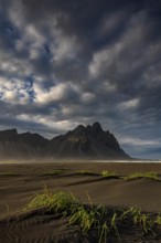 Mountains, mountain range, beach, sea, clouds, evening light, coast, summer, Vestrahorn, Stokksnes,