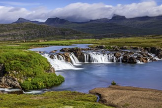 Waterfall, river, sunny, mountains, long exposure, summer, Beljandi, Breiddalsvik, East Fjords,