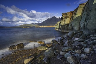 Sea, surf, beach, shore, cliff, mountains, clouds, morning light, long exposure, summer,