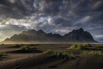 Mountains, mountain range, beach, sea, clouds, evening light, coast, summer, Vestrahorn, Stokksnes,