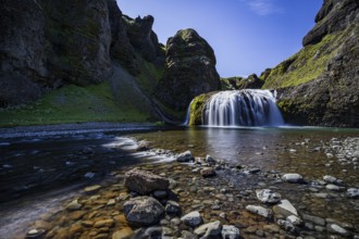 Waterfall, gorge, mountainous, sun, long exposure, river, Stjórnarfoss, Kirkjubaerklaustur,