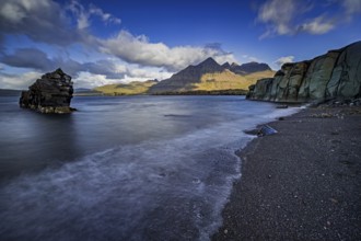 Sea, surf, beach, shore, cliff, mountains, clouds, morning light, long exposure, summer,