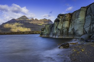 Sea, surf, beach, shore, cliff, mountains, clouds, morning light, long exposure, summer,