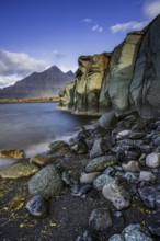 Sea, surf, beach, shore, cliff, mountains, clouds, morning light, long exposure, summer,