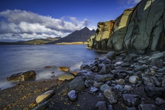 Sea, surf, beach, shore, cliff, mountains, clouds, morning light, long exposure, summer,