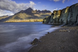 Sea, surf, beach, shore, cliff, mountains, clouds, morning light, long exposure, summer,