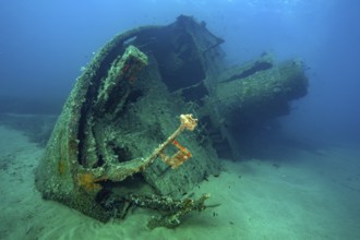 Wreck of 1972 sunken ship freighter decaying rusting shipwreck Elviscot lies on starboard side on