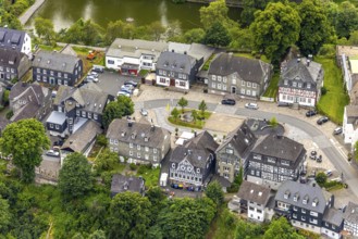 Aerial view, Goetheplatz in the town centre with monument Wilhelm I, historic houses, restaurants