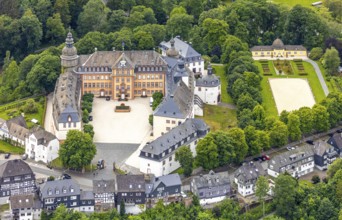 Aerial view, Berleburg Castle, residence castle of the Sayn-Wittgenstein family, orangery and cross
