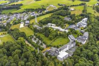 Aerial view, Odebornklinik complex, Rothaar Clinic, surrounded by forest, new residential area Am