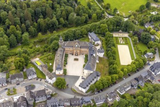 Aerial view, Schloss Berleburg, residence of the Sayn-Wittgenstein family, orangery and cross