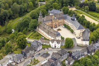 Aerial view, Berleburg Castle, residence castle of the Sayn-Wittgenstein family, Bad Berleburg,
