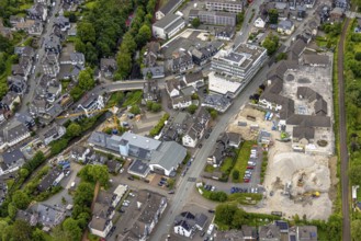 Aerial view, community centre with market square and shops on Poststrasse, savings bank building,