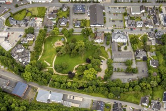 Aerial view, town park, town hall park and town hall town Bad Berleburg, Aldi supermarket