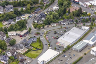 Aerial view, roundabout Poststrasse and Astenberger Strasse, Rewe supermarket, Bad Berleburg,