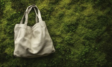 A white bag is sitting on a green mossy surface. The bag is open and the handle is visible. The