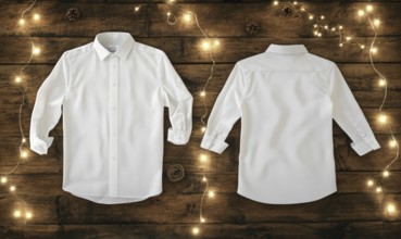 Two white shirts are displayed on a wooden surface. The shirts are hanging on a wall and are not