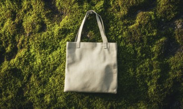 A white bag is sitting on a mossy rock. The bag is open and the moss is covering the rock. AI