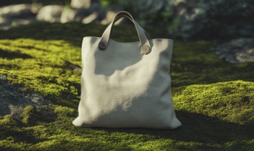 A tan purse is sitting on a mossy field. The purse is made of a soft material and has a brown