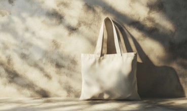 A white canvas bag is sitting on a table in front of a wall. The bag is empty and the wall is made