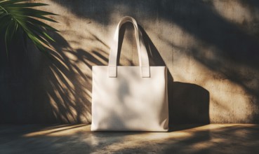 A canvas bag positioned against a concrete wall, illuminated by strong shadows and light. AI