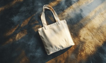 A tan canvas bag is laying on a grey surface. The bag is empty and has a simple design. AI