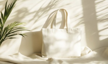 A cream-colored canvas bag placed in soft sunlight with shadows from a plant. AI generated
