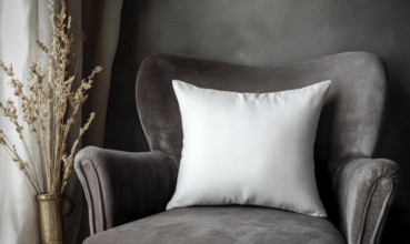 A white pillow sits on a gray chair in a room with a window. The pillow is placed on the back of