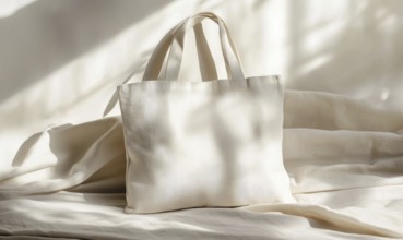 A white bag with a pattern on it is laying on a bed. The bag is empty and the bed is covered in a