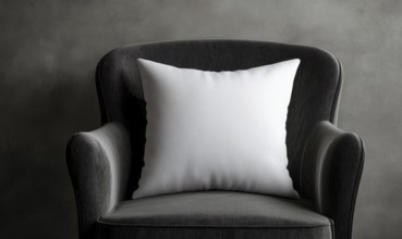 A white pillow sits on a black chair. The chair is made of wood and has a natural texture. The