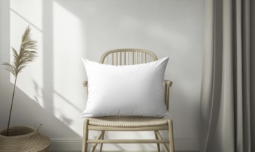 A white pillow sits on a chair in a room with a white wall. The chair is in front of a window, and