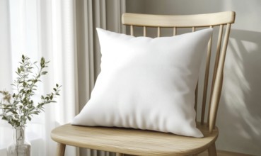 A white pillow sits on a wooden chair in a room with a window. The pillow is placed on the chair,