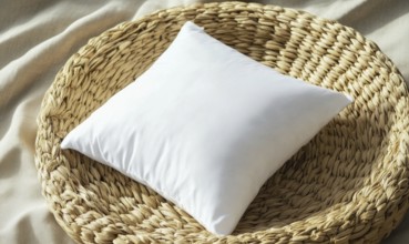 A white pillow sits on a woven basket. The basket is made of straw and has a rustic feel. The