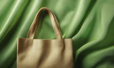 A brown purse is on a green background. The purse is made of a woven material and has a gold trim.