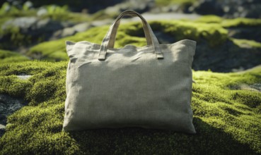 A brown bag with a green handle sits on a mossy rock. The bag is made of a woven material and has a