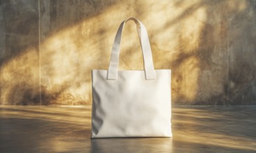 A white bag with a brown handle sits on a concrete floor. The bag is open and the handle is visible