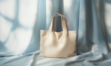A tan purse is sitting on a blue cloth. The purse is made of leather and has a pattern on it. The