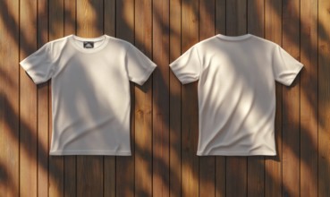 Two white t-shirts are hanging on a wooden surface, one on the left and one on the right. The