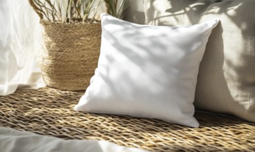 A white pillow sits on a woven mat next to a basket. The pillow is the main focus of the image, and