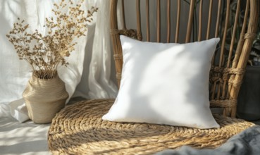 A white pillow sits on a woven mat in front of a vase of flowers. The pillow is placed on a chair,