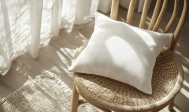 A white pillow sits on a wooden chair in a room with white curtains. The pillow is placed on the