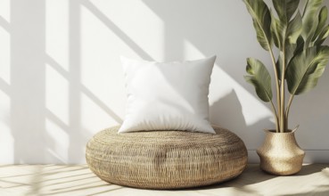 A white pillow sits on a round wicker seat in front of a large potted plant. The room is bright and