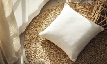 A white pillow sits on a woven rug in front of a window. The pillow is unoccupied and the rug is