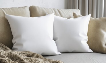 Minimalist seating area featuring white and beige pillows with a checked blanket creating a serene