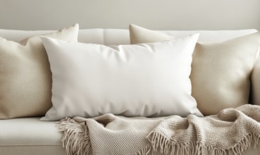 Cozy sofa setup with beige pillows, a large white pillow, and a fringed blanket in a neutral