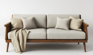 A brown couch with pillows and a blanket on it. The couch is made of wood and has a modern design.