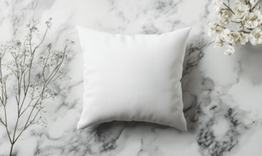 A soft white pillow on a marble surface with delicate flowers under gentle lighting. AI generated