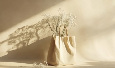 A fabric bag filled with white flowers, casting shadows on a beige backdrop. AI generated